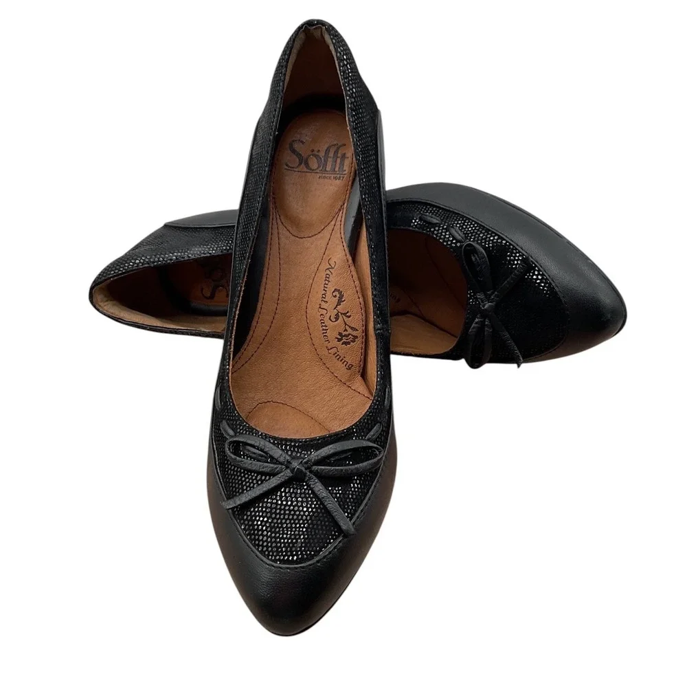 Sofft Womens Black Leather Textured Bow‎ Accent Almond Toe Pumps Heels Size 8 M